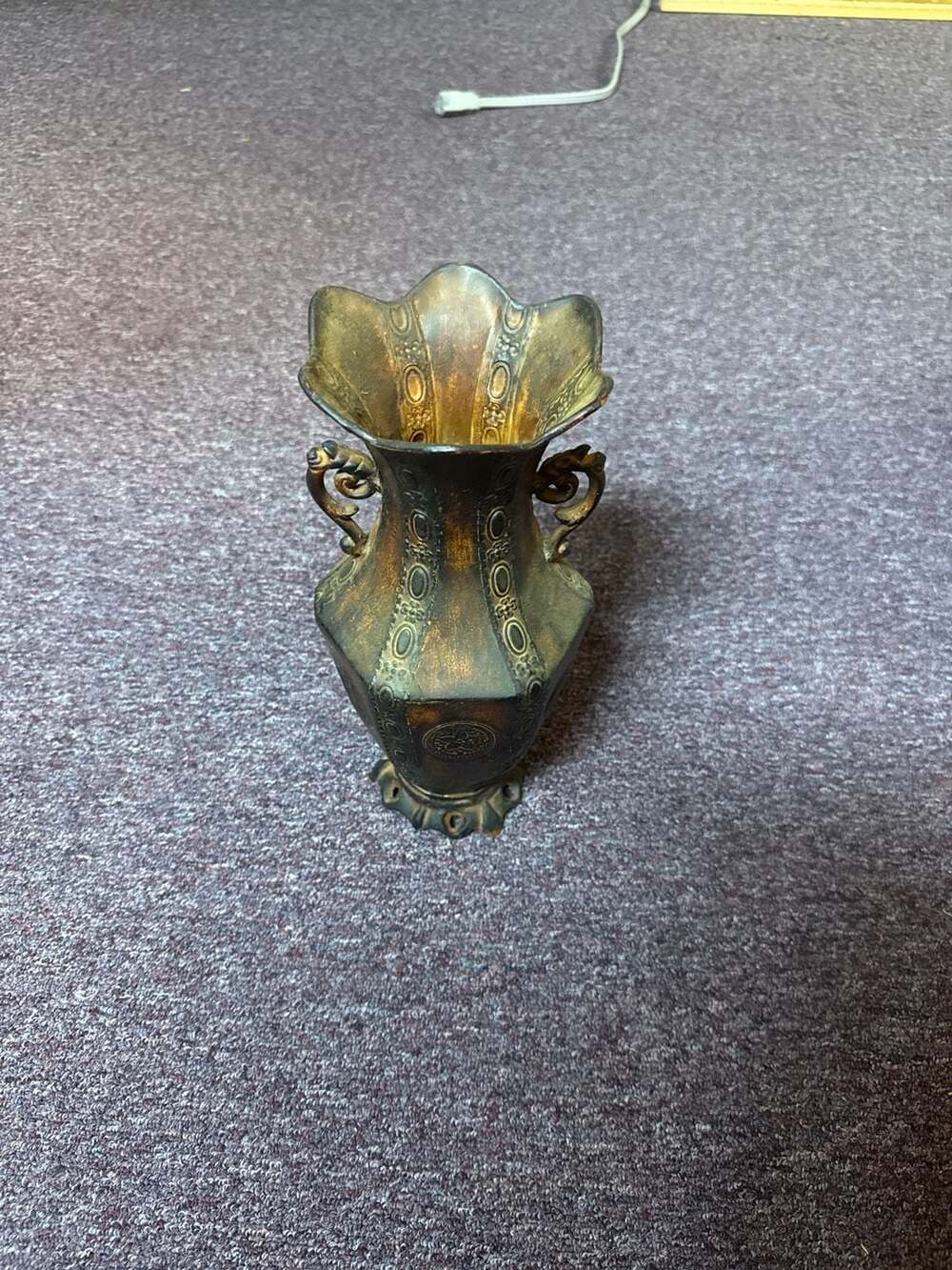 Vintage Antiqued Bronze Finish Decorative Resin Vase with Star Medallion and Scr